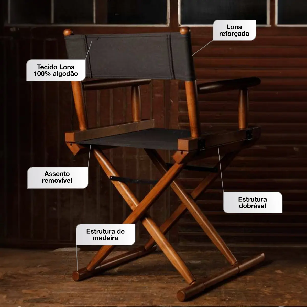 Cadeira Diretor Cinema Madeira Tecido - Dobrável - Castanho - Antoniazzi