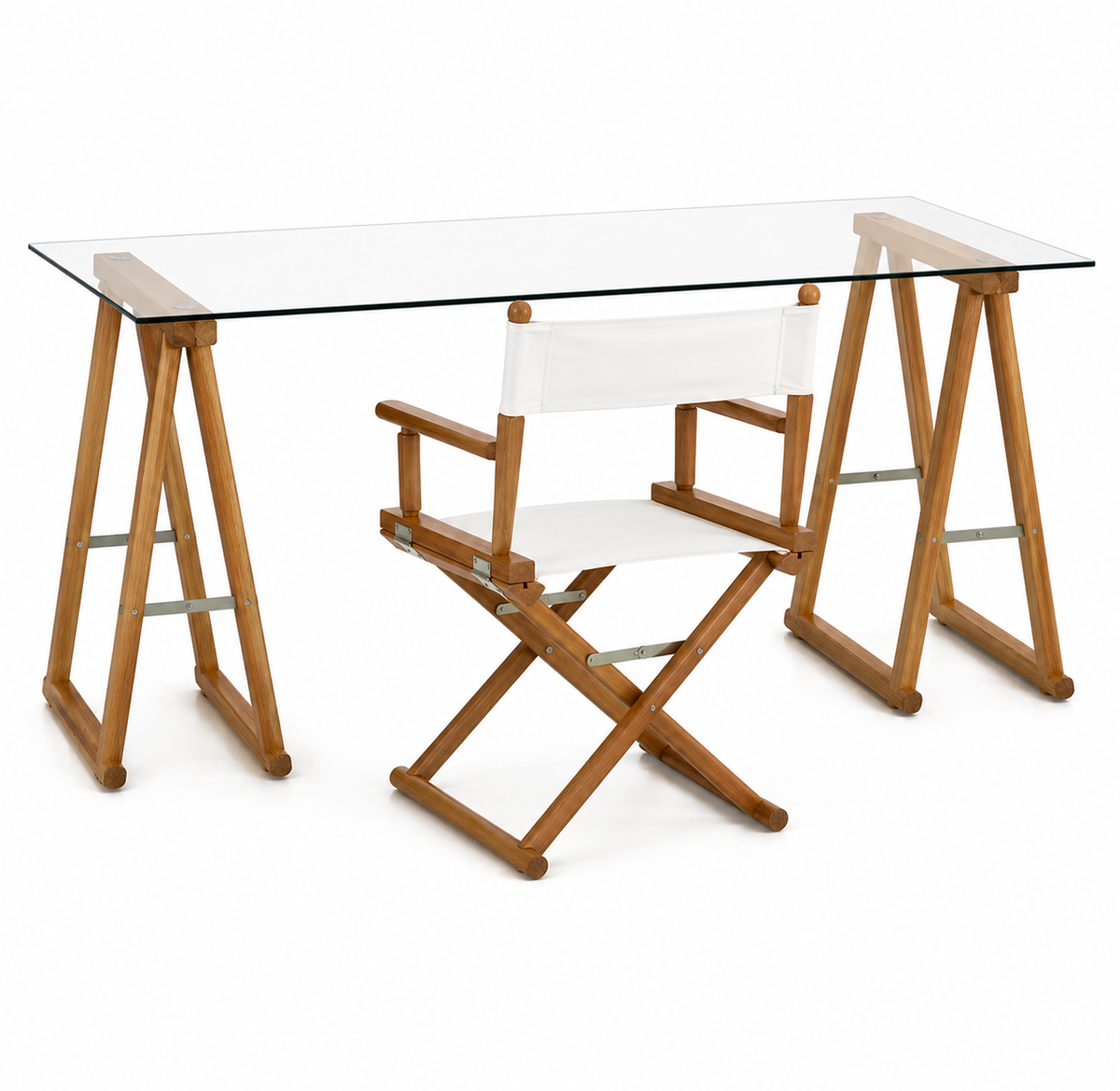 Conjunto Mesa e Cadeira Diretor em Marfim, Castanho e Preto para Tampo de Vidro | Antoniazzi