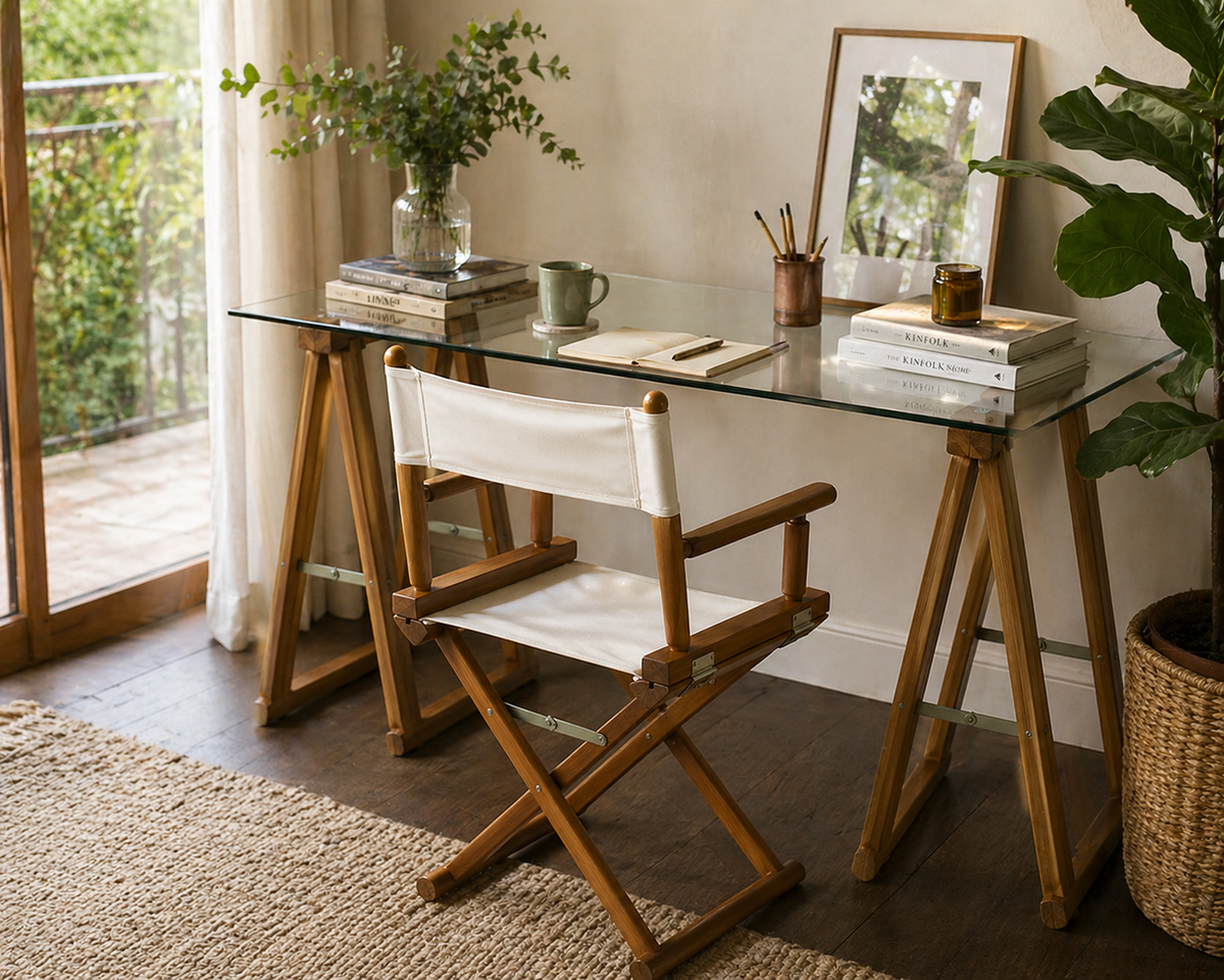 Conjunto Mesa e Cadeira Diretor em Marfim, Castanho e Preto para Tampo de Vidro | Antoniazzi