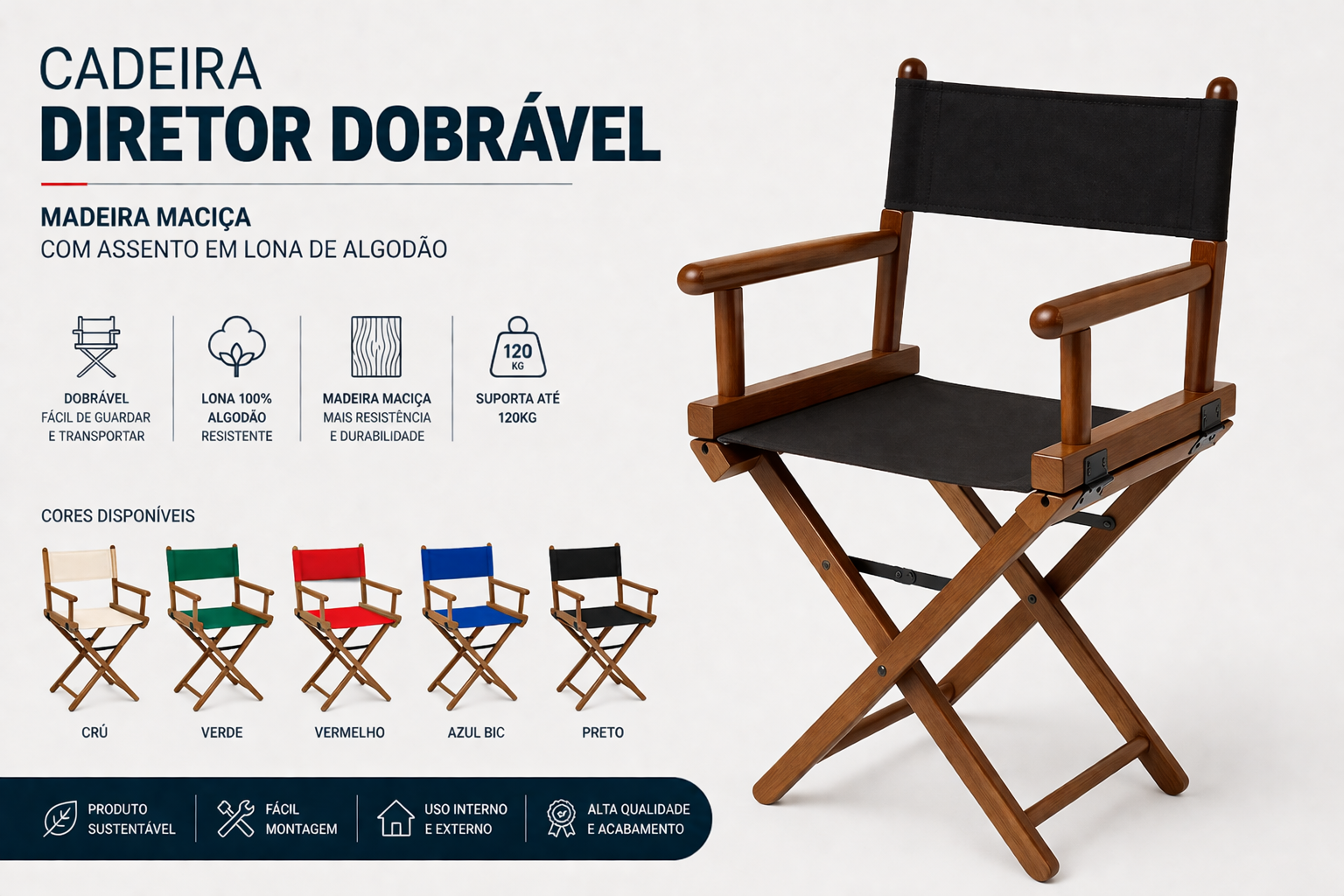 Cadeira Diretor Cinema Madeira Tecido - Dobrável - Castanho -  Antoniazzi