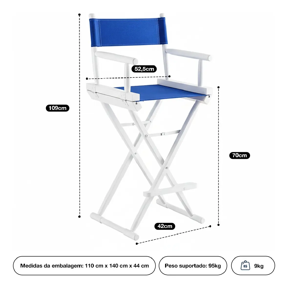 Cadeira Alta Diretor Cinema - Madeira - Dobrável - Branco – Antoniazzi